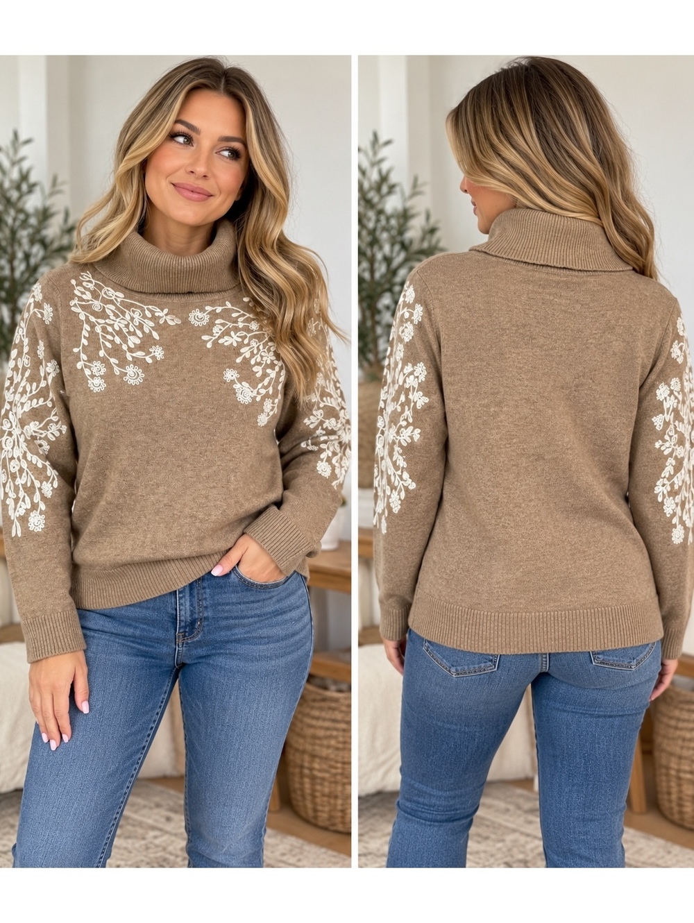 Rain + Rose Women's M Floral Embroidered Turtleneck Sweater Boho Cottagecore